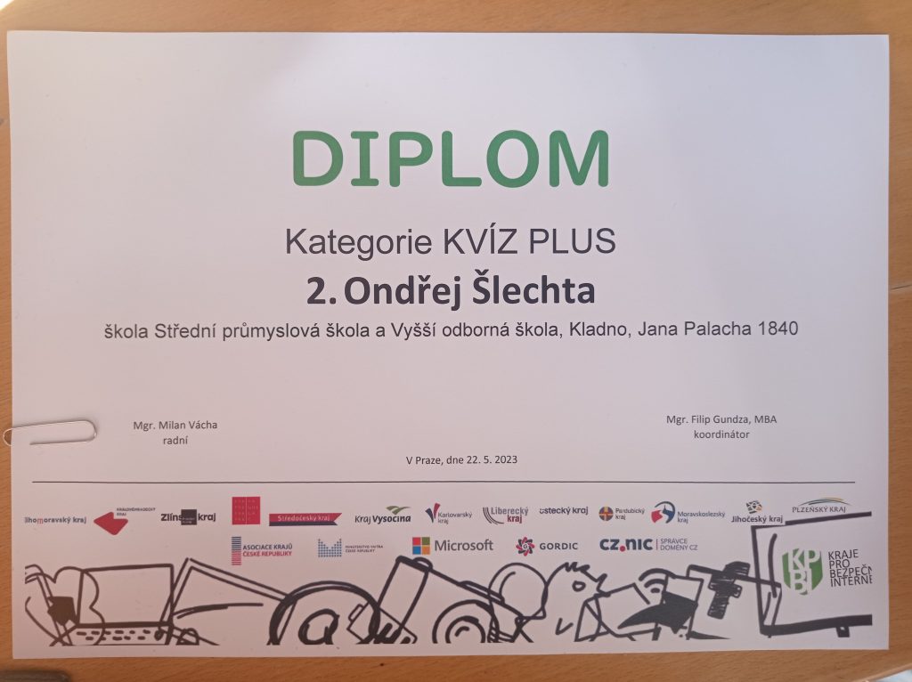 2. místo v soutěži KPBI - Kvíz plus | Střední průmyslová škola a Vyšší odborná škola Kladno.