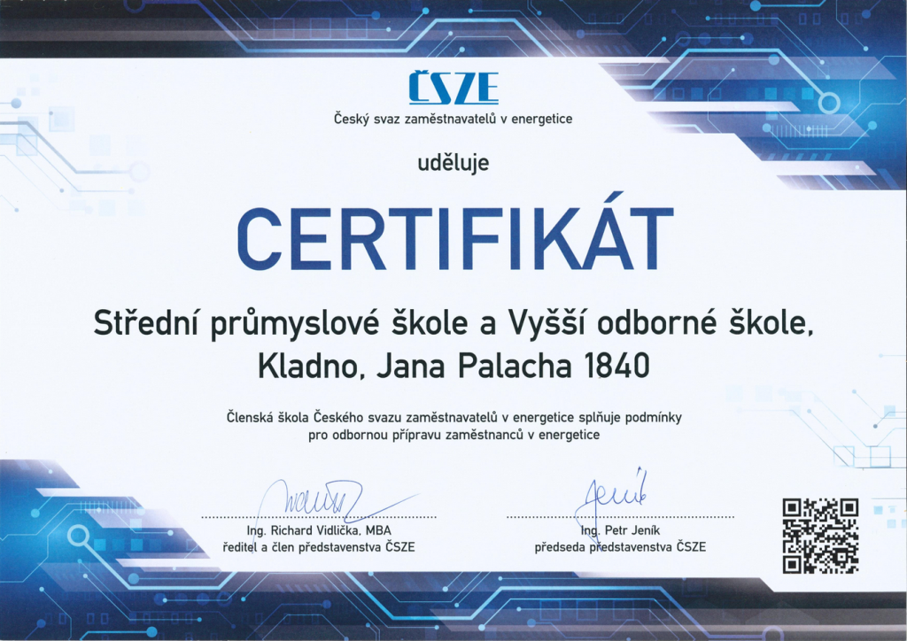 Obdrželi jsme certifikát ČSZE | Střední průmyslová škola a Vyšší odborná škola Kladno.